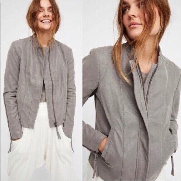 Free People Cool and Clean Gray Faux Leather Jacket Moto Motorcycle Sz‎ 6 - Picture 1 of 13
